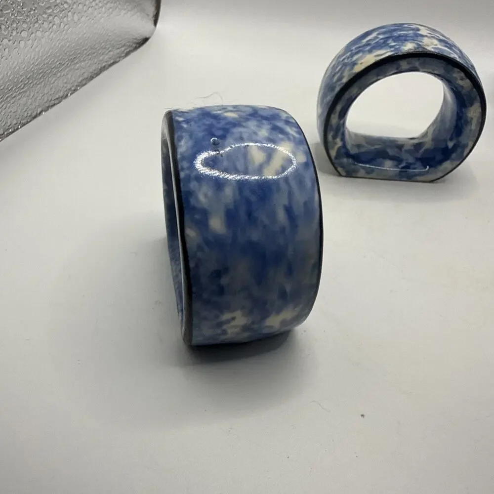 Vintage Knobler Blue Spongeware Ceramic Napkin Rings Set Of 3